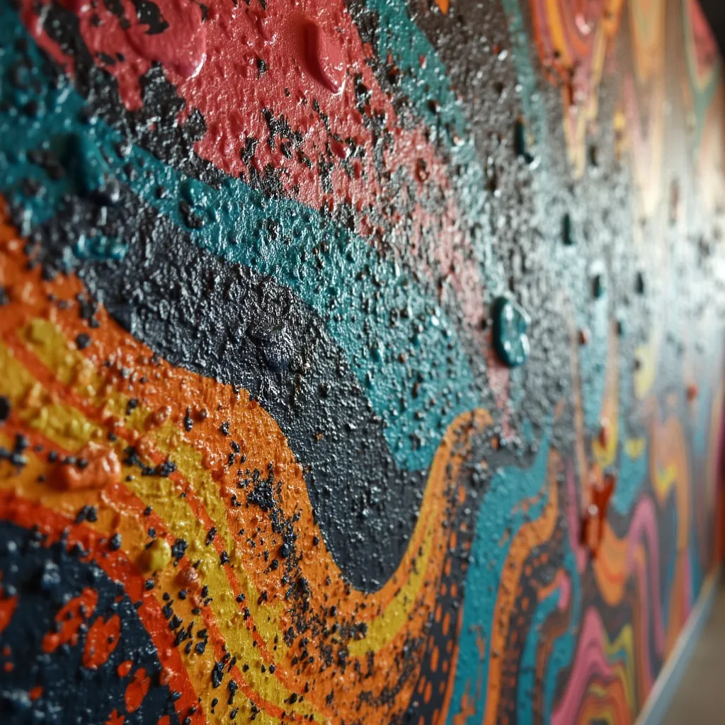 Detalle mural neobrutalista en estudio de yoga